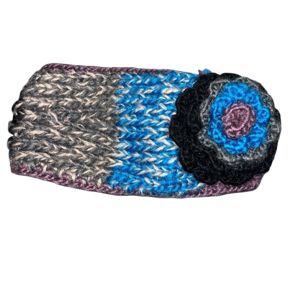 Scala Pronto knit headband ear warmers knitted flower purple blue black gray